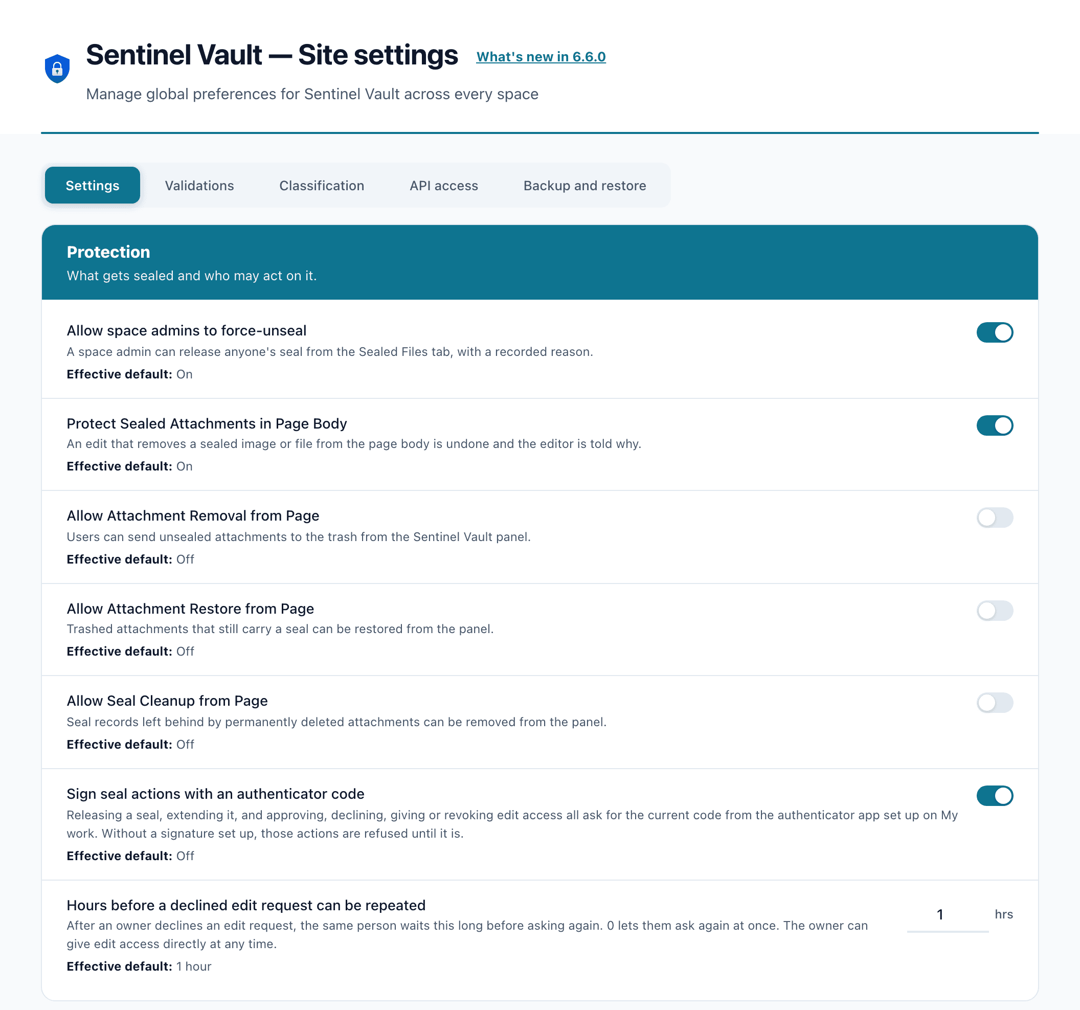 Sentinel Vault Site settings, Settings tab, Protection card on version 6.6.0: Allow space admins to force-unseal on, Protect Sealed Attachments in Page Body on, three attachment options off, Sign seal actions with an authenticator code on with an effective default of Off, and a 1 hour wait before a declined edit request can be repeated