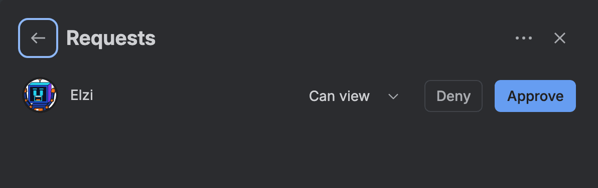 A dark dialog titled Requests listing Elzi with a Can view dropdown and Deny and Approve buttons.