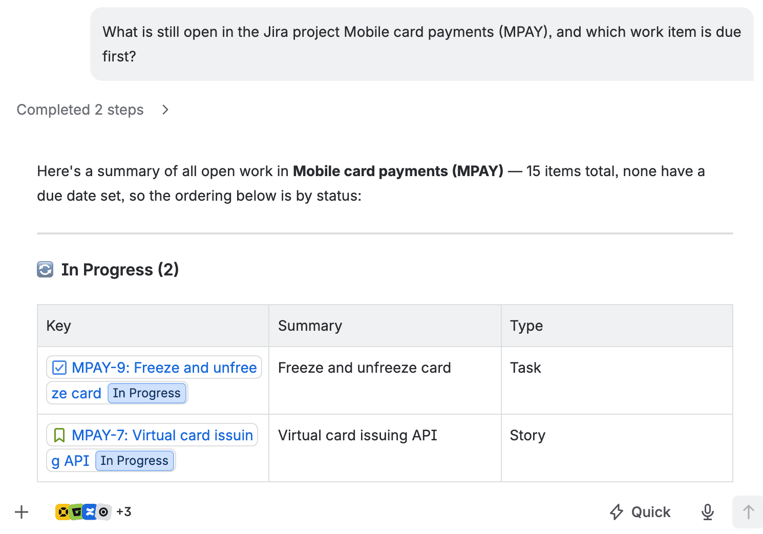 Rovo Chat answering a question about the MPAY test project in Quick mode: 15 items total, none have a due date set, so the ordering below is by status, with MPAY-9 and MPAY-7 listed as In Progress.