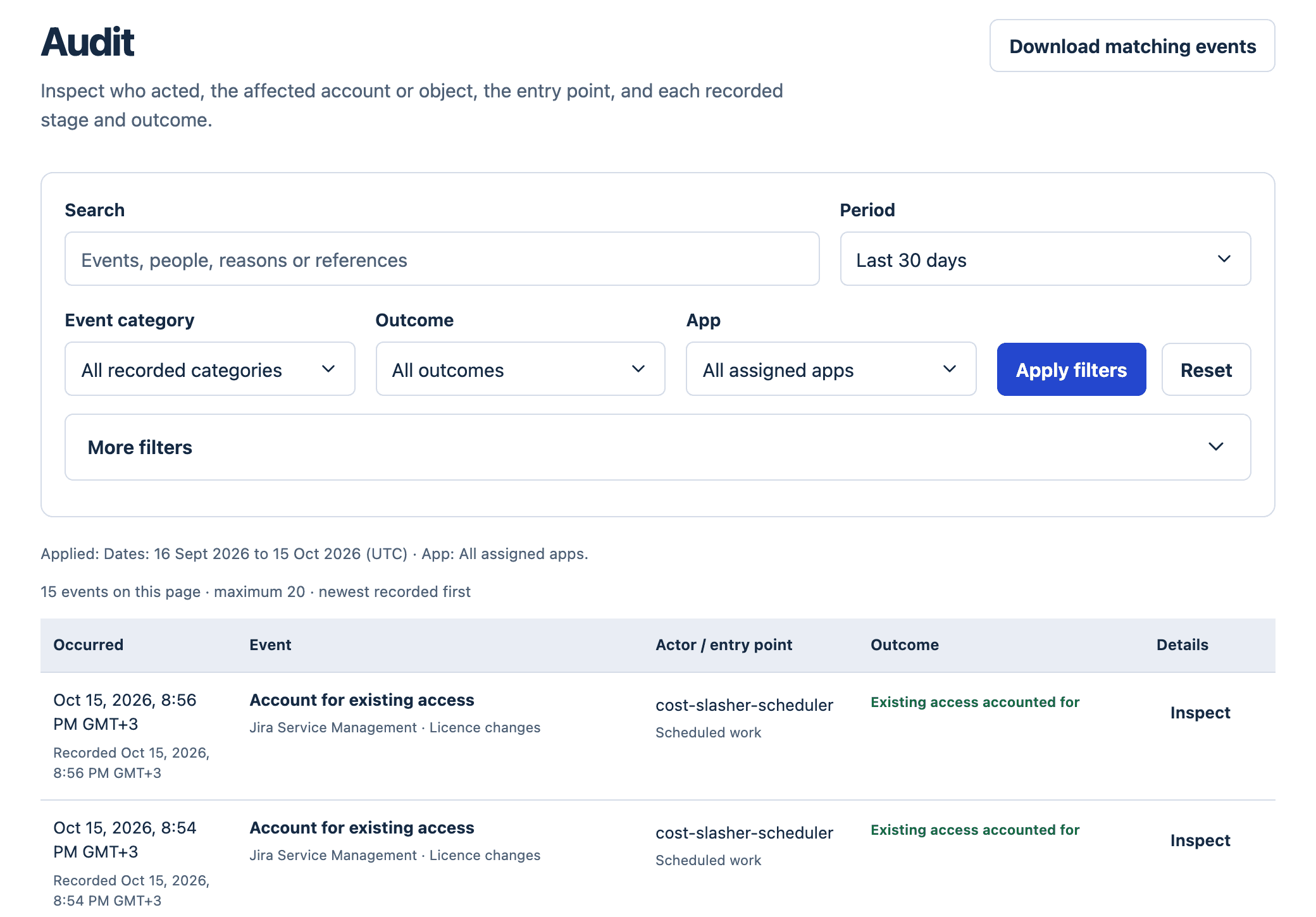 The Cost Slasher Audit page with filters for search, period, event category, outcome and app, and the first two of 15 recorded events: Account for existing access, Jira Service Management licence changes, by cost-slasher-scheduler, outcome Existing access accounted for