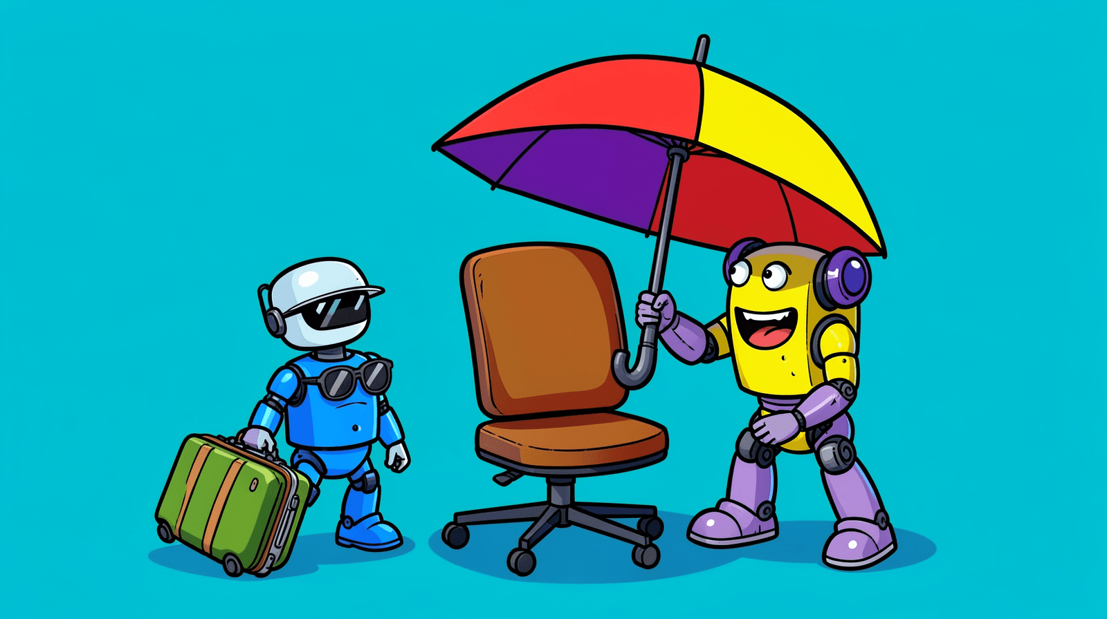 Illustration: a small robot with sunglasses and a suitcase walks back towards an empty office chair while a second robot holds a big umbrella over the chair