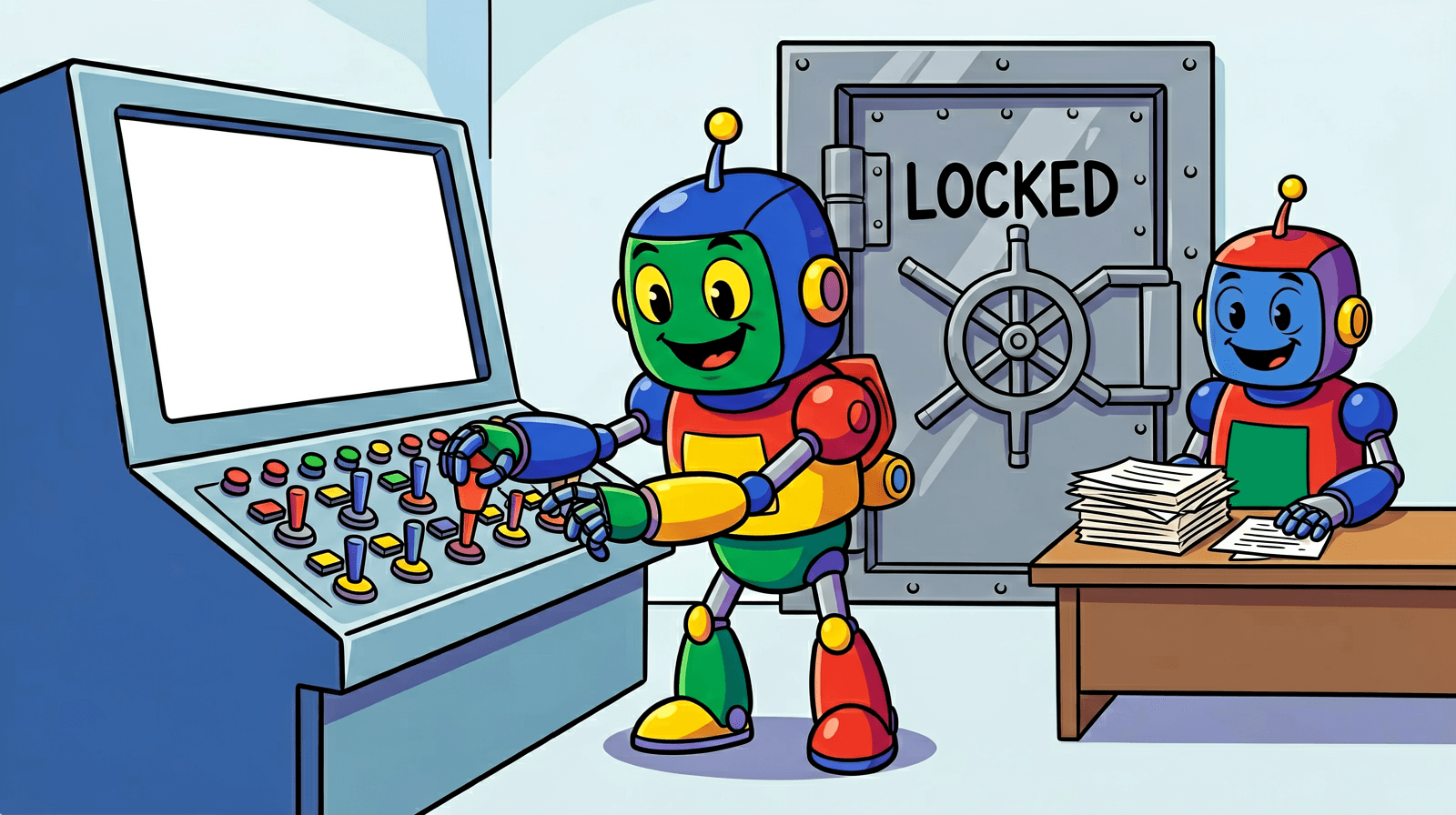 Cartoon of a cheerful robot flipping every switch on a control panel to ON while a steel vault door marked LOCKED stays shut behind it, and a second robot waits at a desk with a stack of papers