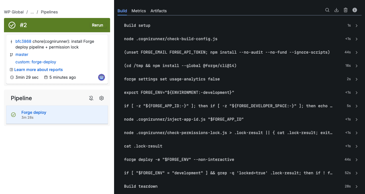 Bitbucket run number 2 on custom forge-deploy, green, 3 min 29 sec, with every command and its duration