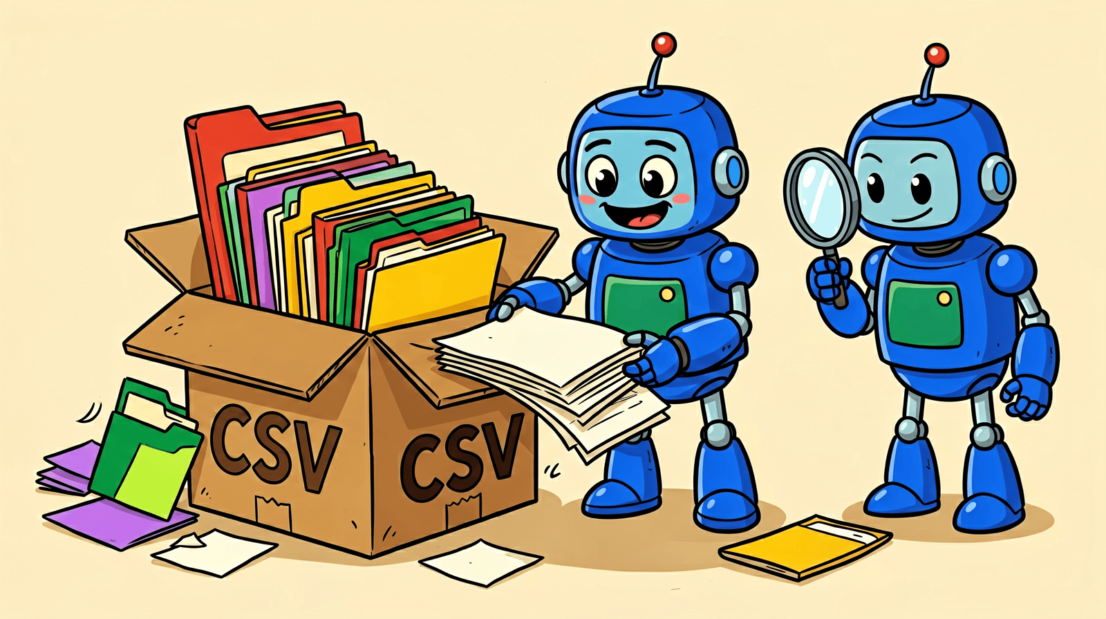 Cartoon of a robot pulling a flat stack of loose paper out of a cardboard box marked CSV while a second robot inspects it with a magnifying glass, with colourful folders standing in the box and a couple fallen on the floor.