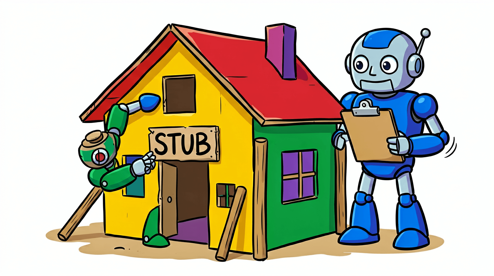 Cartoon of a green robot nailing a sign reading STUB over the door of a lopsided yellow house propped up by planks, while a blue robot with a clipboard inspects it