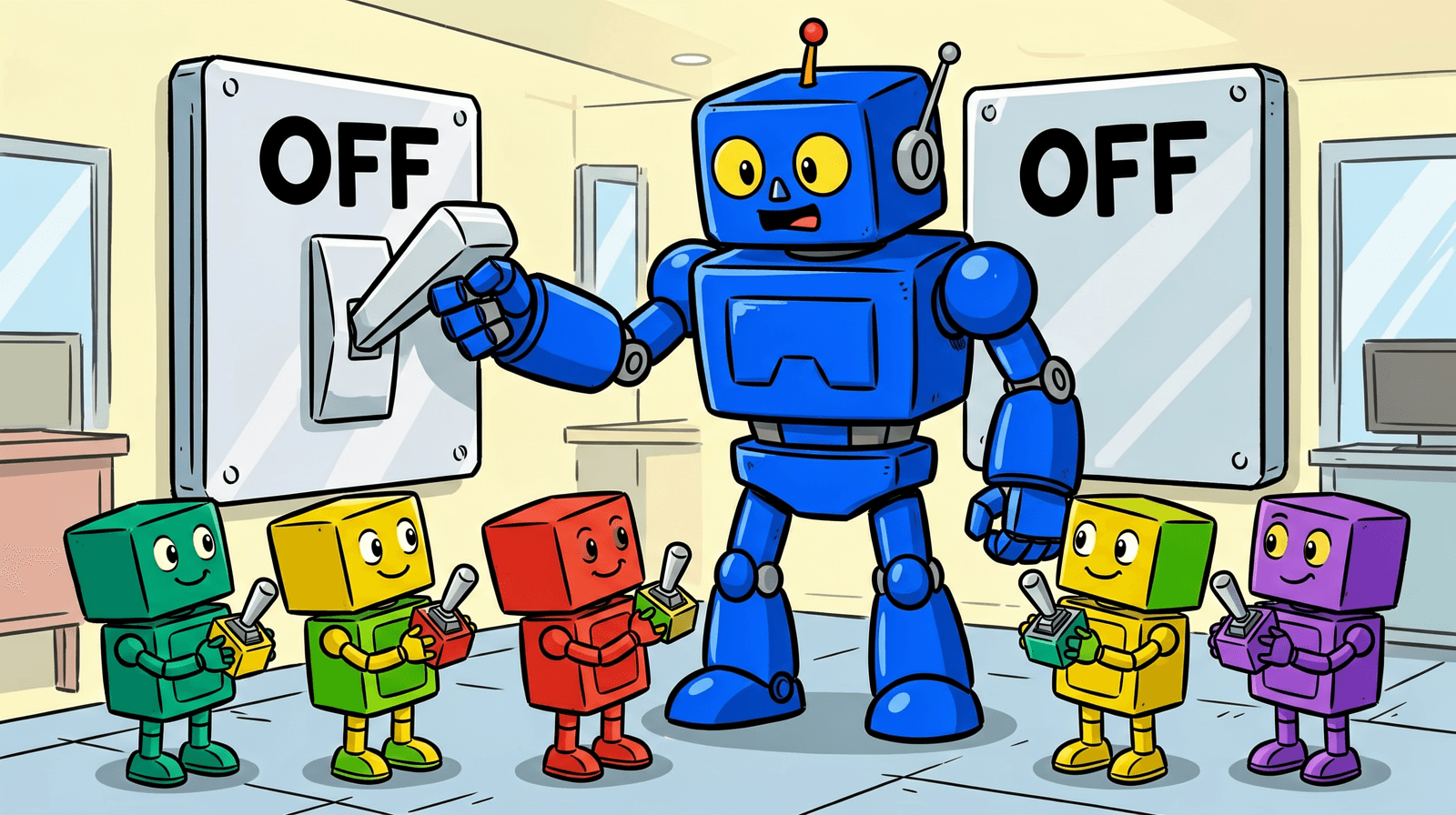 Cartoon of a big blue robot pulling a huge wall lever marked OFF while five small colourful robots each hold their own little toggle switch.