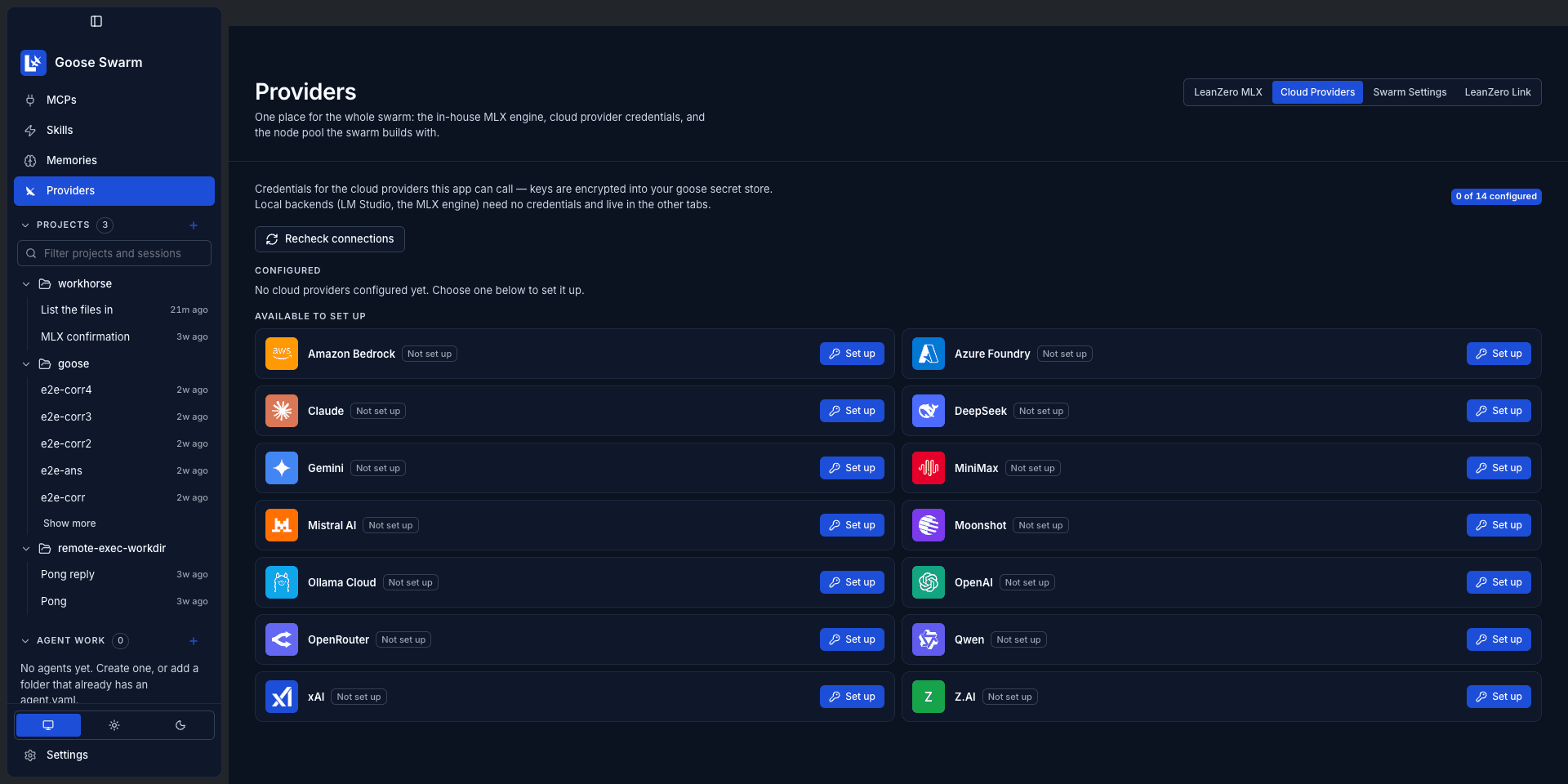 The Cloud Providers tab in Goose Swarm 3.0.11 listing fourteen providers including Amazon Bedrock, Azure Foundry, Claude, DeepSeek, Gemini, MiniMax, Mistral AI, Moonshot, Ollama Cloud, OpenAI, OpenRouter, Qwen, xAI and Z.AI, with 0 of 14 configured