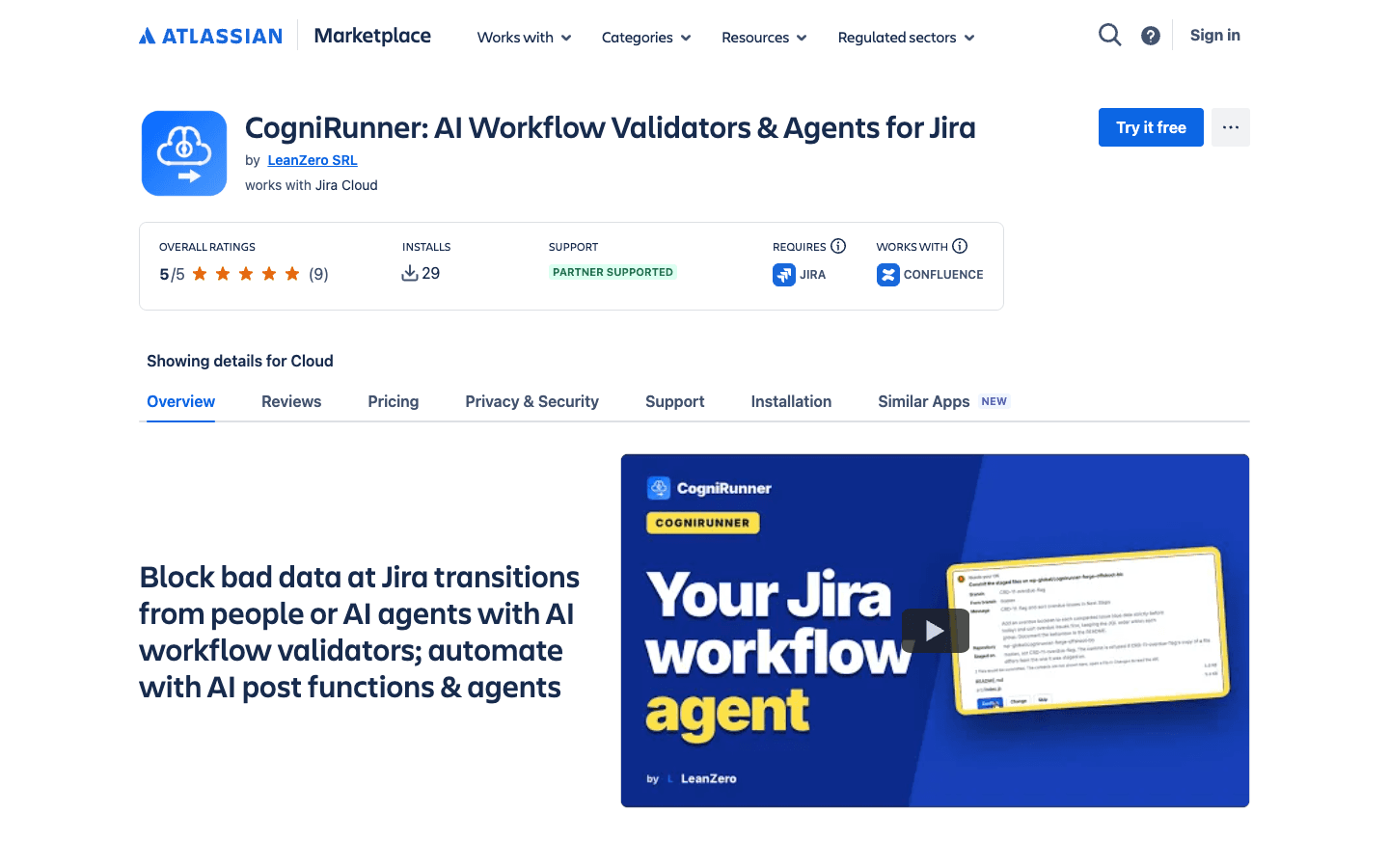 The CogniRunner listing on the Atlassian Marketplace on 17 October 2026: AI Workflow Validators and Agents for Jira by LeanZero SRL, overall rating 5 out of 5 from 9 ratings, 29 installs, partner supported