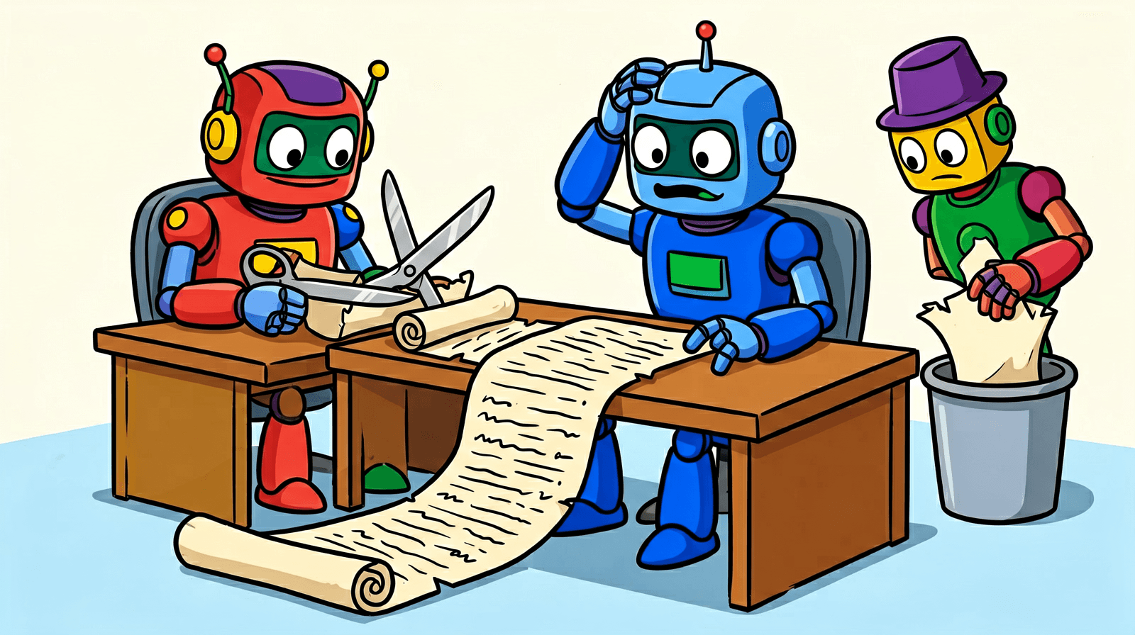 Cartoon of a robot at a desk reading a long paper scroll that runs across the floor, while a second robot with large scissors cuts a section out of the middle and a third drops the cut pieces into a bin