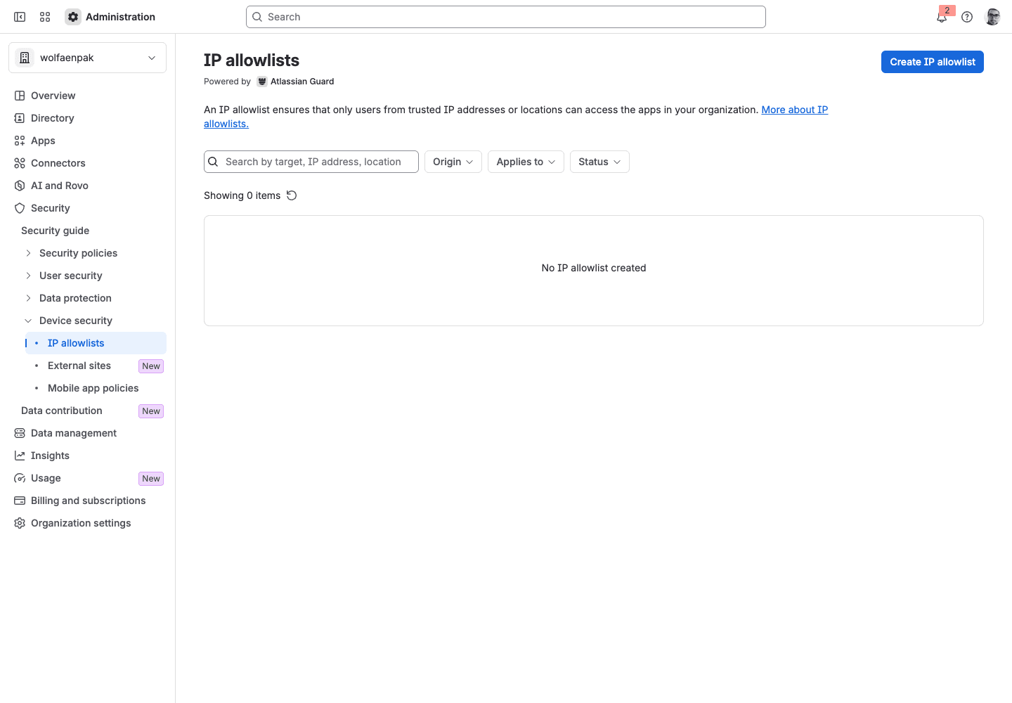The IP allowlists page in Atlassian Administration for the wolfaenpak organisation, Powered by Atlassian Guard, with the sidebar open at Security, Device security, IP allowlists, a Create IP allowlist button and an empty table reading No IP allowlist created