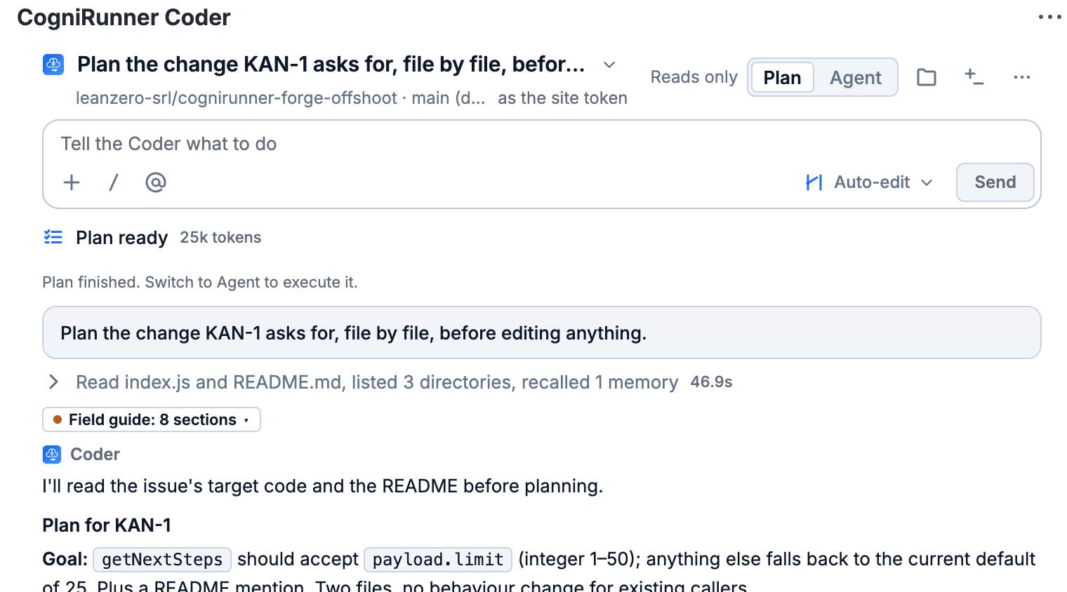 The CogniRunner Coder panel on Jira issue KAN-1 in Plan mode, showing Reads only, Plan ready at 25k tokens, and the plan it wrote