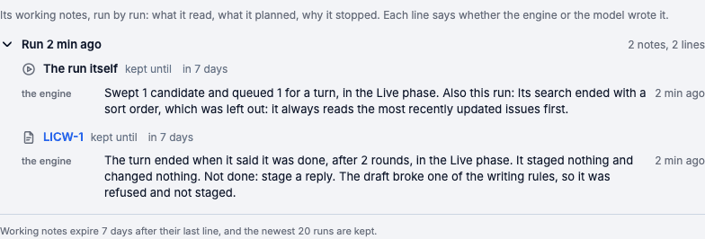 Scratchpad of the first tick: swept 1 candidate, then the turn ended after 2 rounds having staged nothing because the draft broke a writing rule