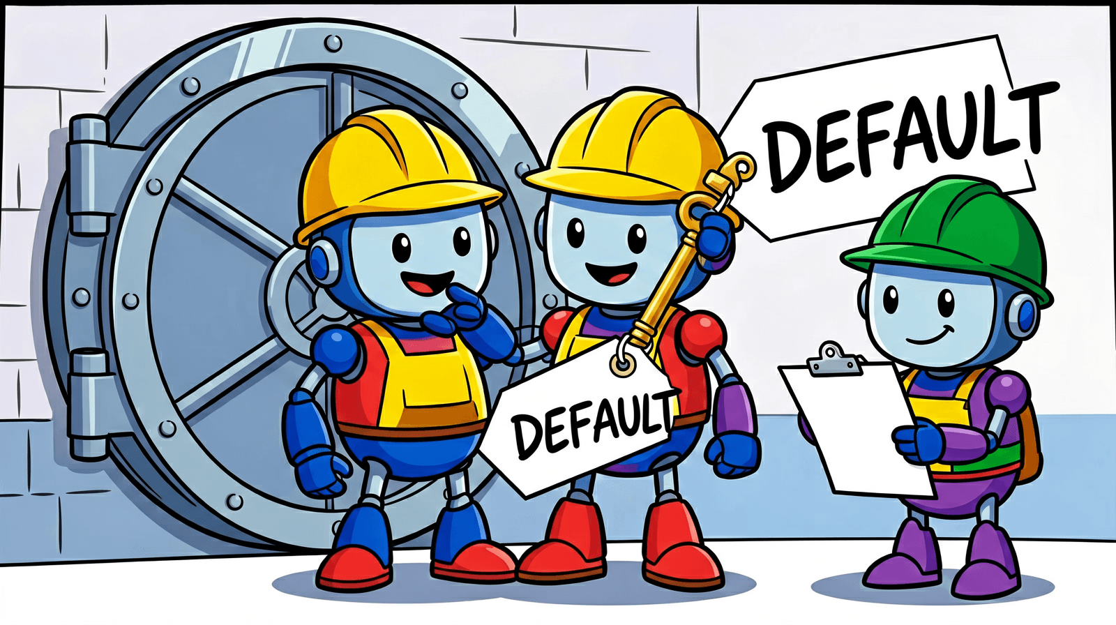 Cartoon of two robots in hard hats at a vault door holding a key with a tag that reads DEFAULT, while a third robot with a clipboard looks at a blank page.