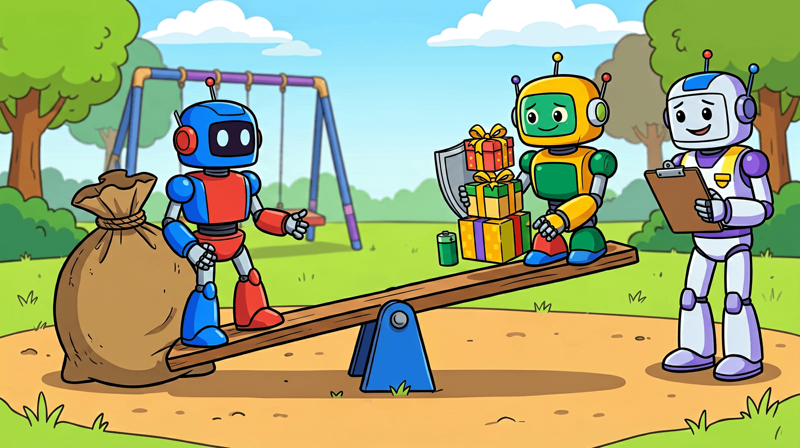 Cartoon of two robots on a seesaw in a playground. On the low end sits a heavy money sack next to a robot; on the high end a robot is piling gift boxes, a shield and a battery pack, while a referee robot with a clipboard watches