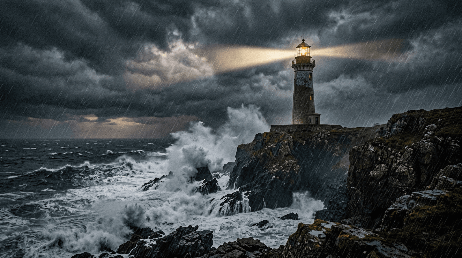 ERNIE-Image Turbo wide shot of a lighthouse on a dark cliff, its beam cutting through storm clouds while waves break on the rocks below