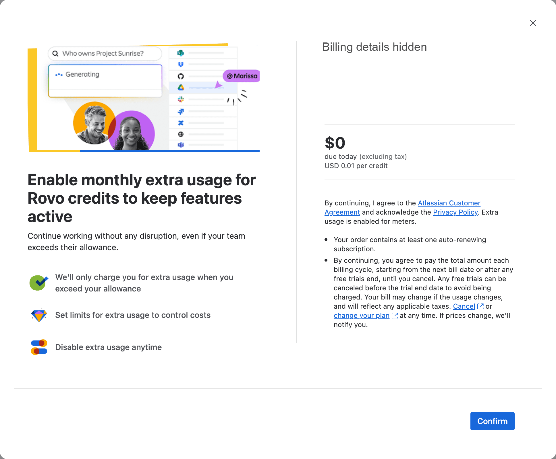The Enable extra usage dialog for Rovo credits: left side reads Enable monthly extra usage for Rovo credits to keep features active, with three points about charging only above the allowance, setting limits and disabling anytime; right side shows $0 due today excluding tax, USD 0.01 per credit, the agreement text and a Confirm button. Billing details are blanked out.
