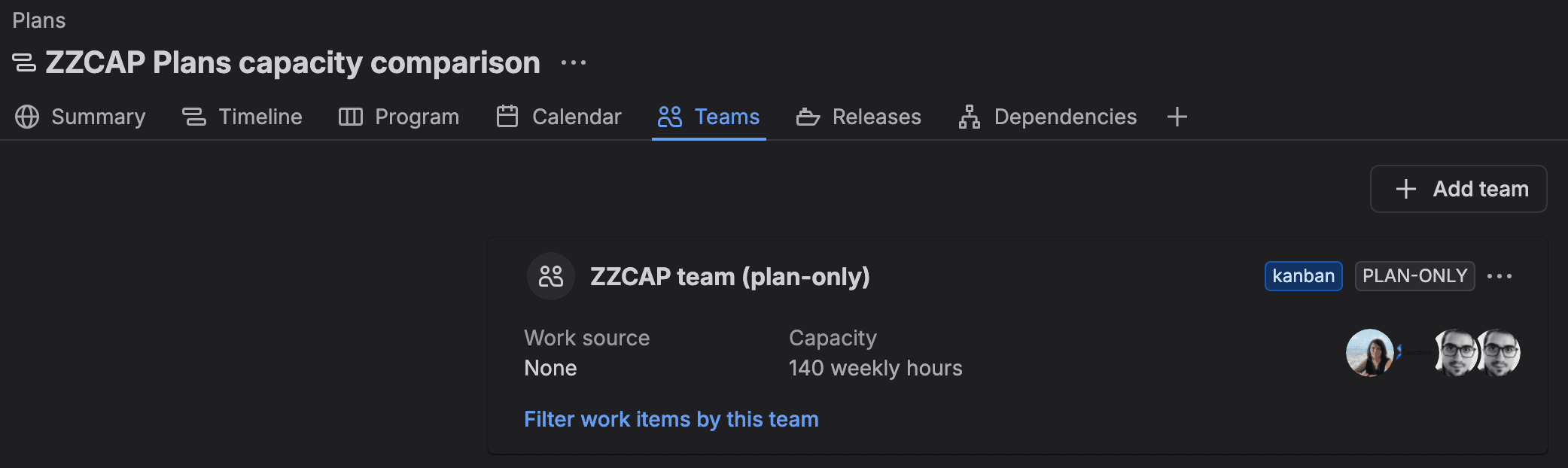 The Teams tab of a Plans plan named ZZCAP Plans capacity comparison on our Jira test site. One team card, ZZCAP team (plan-only), tagged kanban and PLAN-ONLY, with Work source None and Capacity 140 weekly hours, and four member avatars.