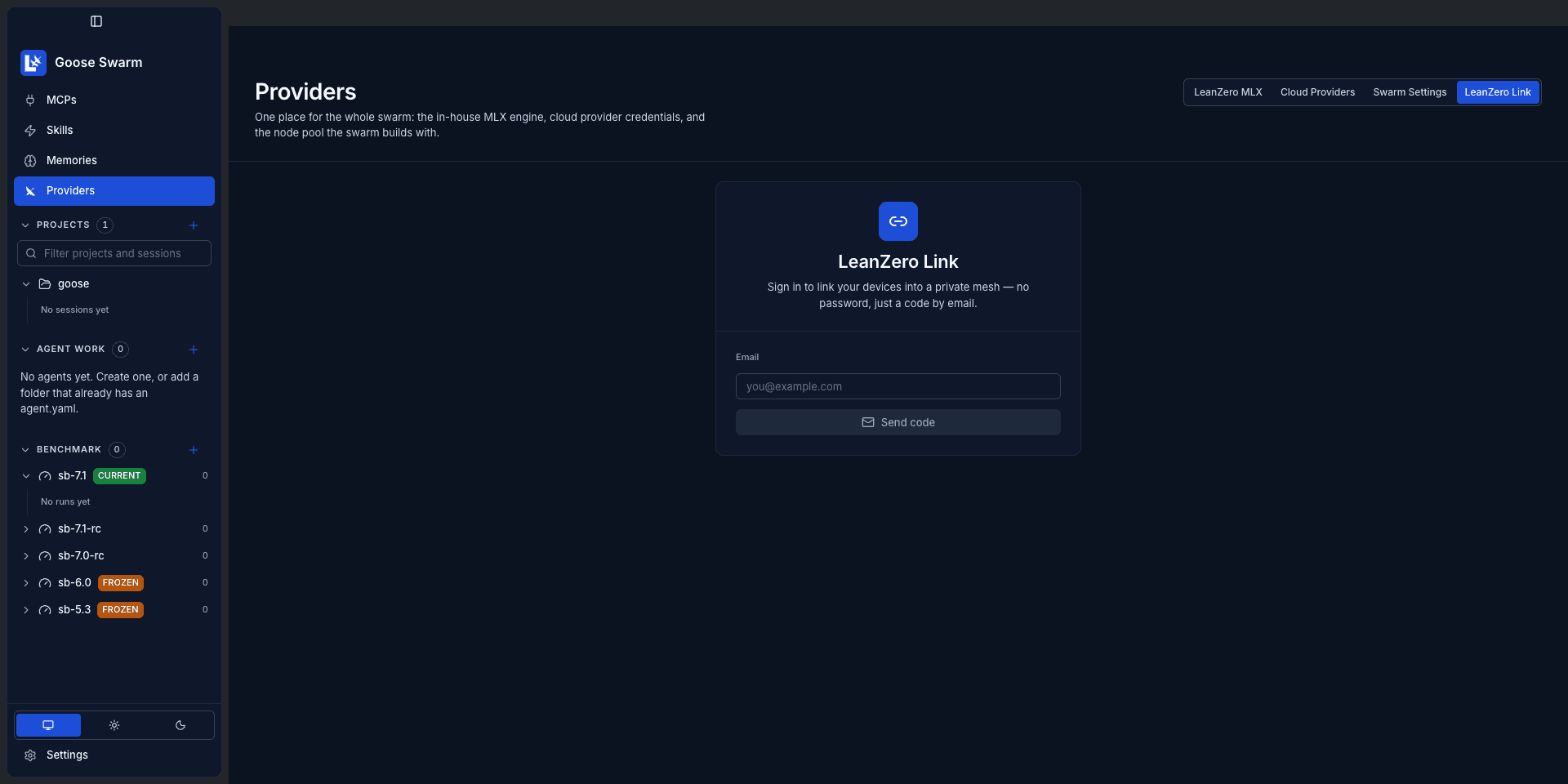 The LeanZero Link sign-in screen in Goose Swarm 3.0.11 on a fresh profile: Sign in to link your devices into a private mesh, no password, just a code by email, with an Email field and a Send code button