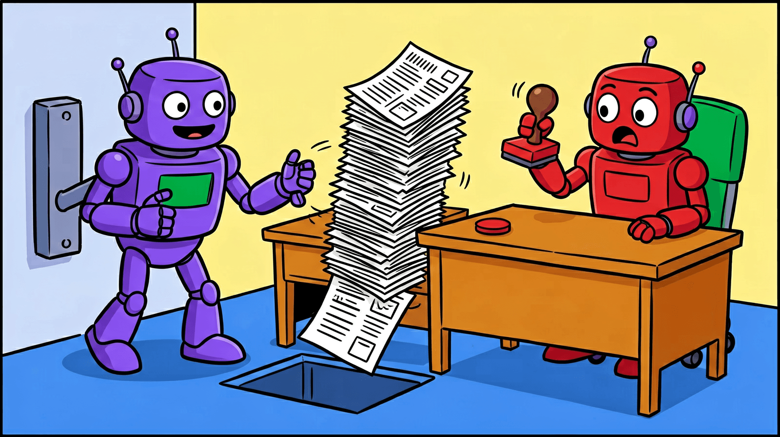 Cartoon of a purple robot pulling a wall lever while a tall stack of paper request slips slides off a desk into a trapdoor, and a red robot at the next desk freezes with a rubber stamp in its hand.