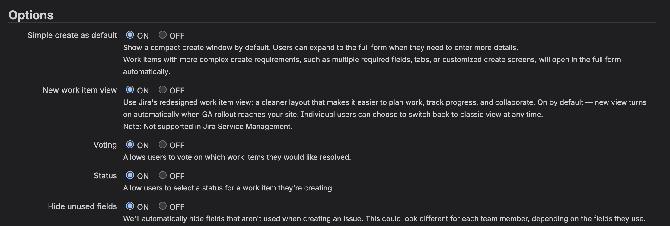 The Options section of Jira's Edit General configuration page. Rows Simple create as default, New work item view, Voting, Status and Hide unused fields, each with ON and OFF radio buttons, all set to ON. Under Simple create as default is the help text about a compact create window.