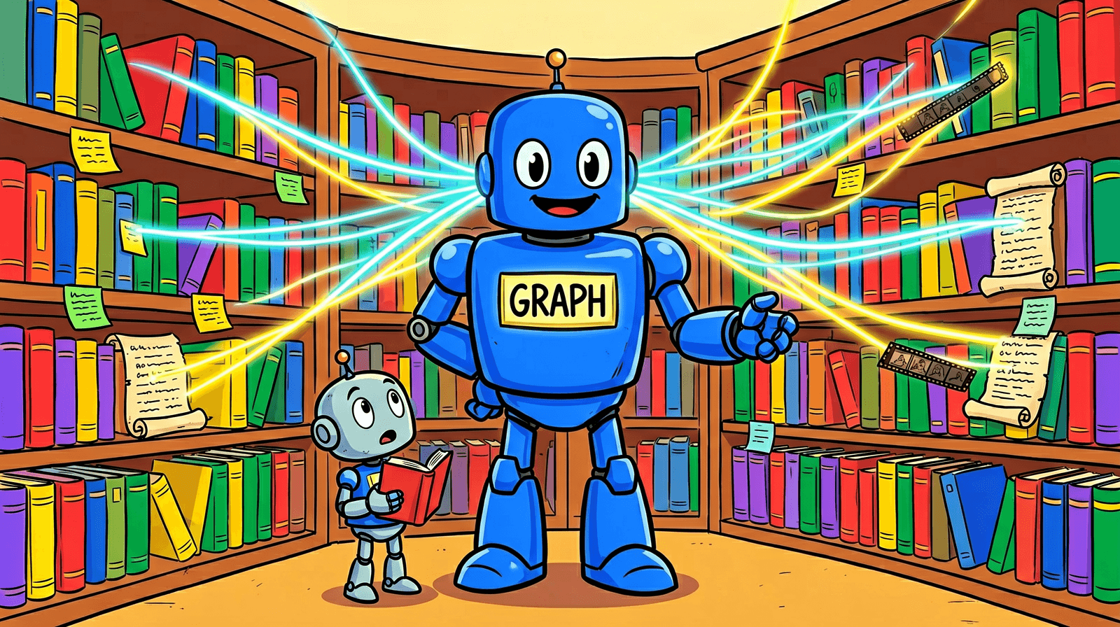 Illustration: a big blue robot librarian with a GRAPH name badge stands among bookshelves while glowing strings join books, sticky notes, scrolls and film reels, and a small robot holding one book looks up at the web