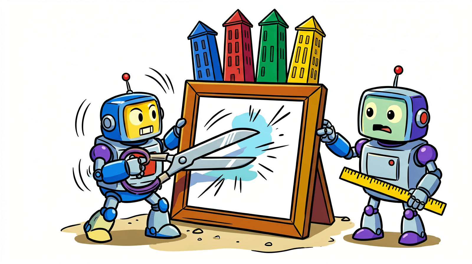 Illustration of a robot cutting down a picture frame with giant scissors while four coloured towers stick out over its top edge and a second robot holding a ruler looks puzzled