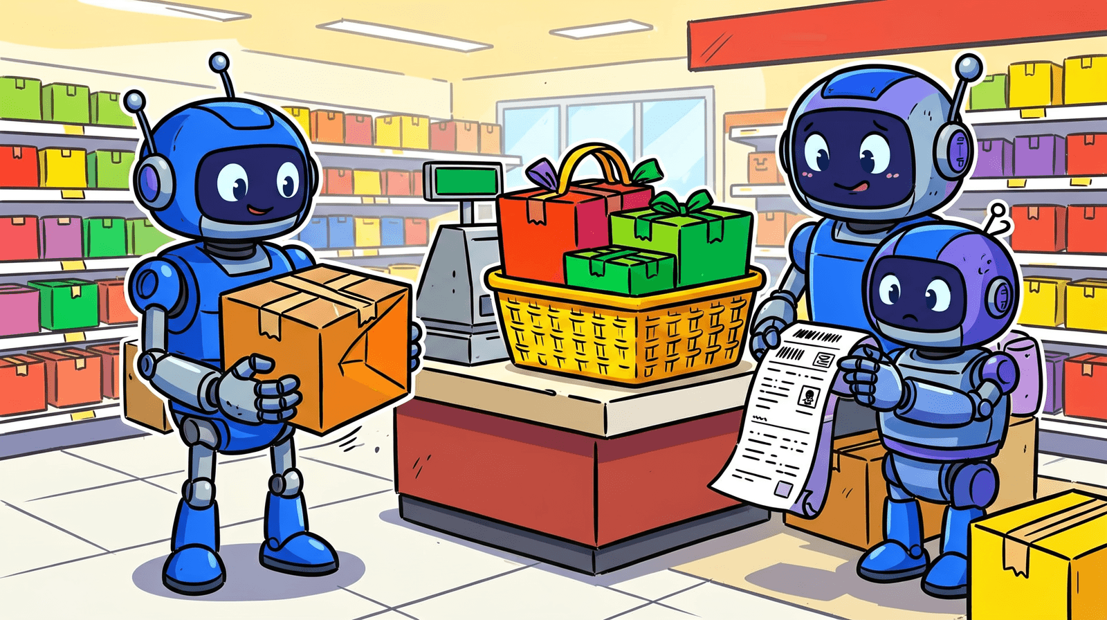 Cartoon of a small blue robot holding one cardboard box while a robot cashier behind a counter with a basket of three gift boxes hands a long receipt to another robot