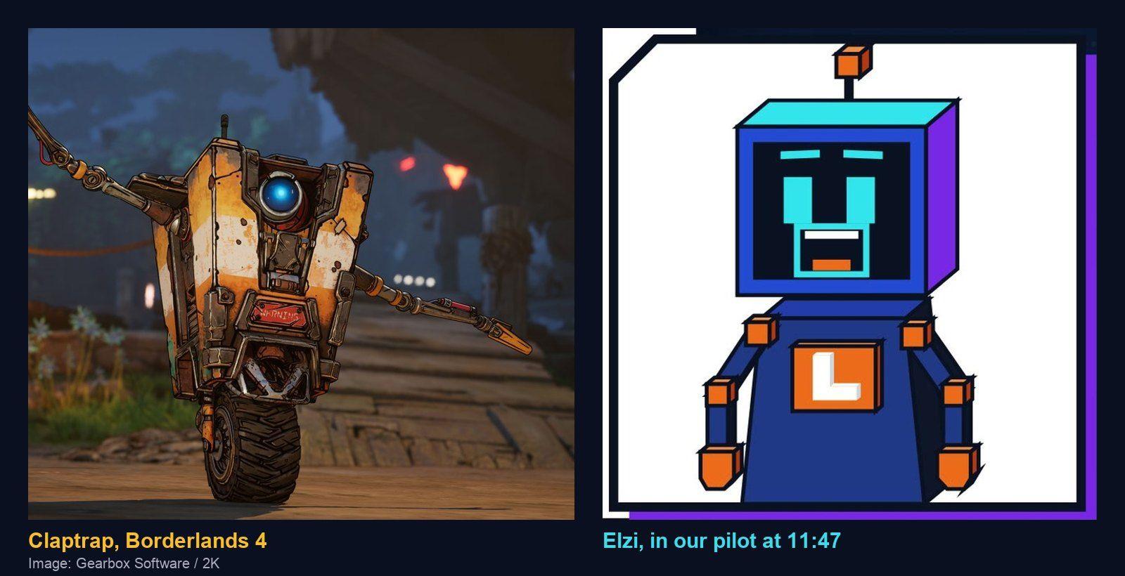 Two panels. On the left, Claptrap in Borderlands 4: a battered yellow and white box on one big wheel, one round blue eye, a WARNING plate and two long jointed arms spread wide. On the right, Elzi from the pilot: a blue cube head with cyan LED eyes and an open mouth, an orange voxel antenna, a navy body with an orange L chest plate and orange voxel joints, in her white corner tile.