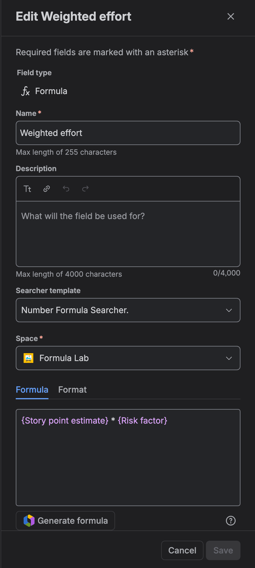 The Edit Weighted effort panel: Field type shown as Formula, Name, Description, a Searcher template dropdown set to Number Formula Searcher, Space Formula Lab, the formula {Story point estimate} * {Risk factor}, and no Formula output dropdown.