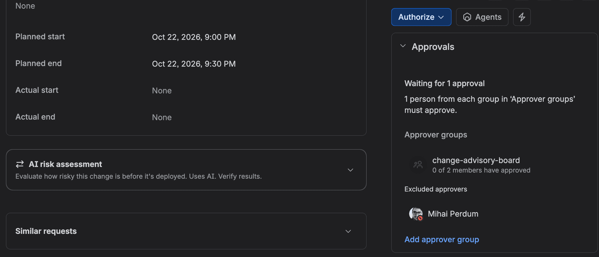 The approvals panel on HSD-28: Waiting for 1 approval, change-advisory-board 0 of 2 members have approved, and Excluded approvers: Mihai Perdum