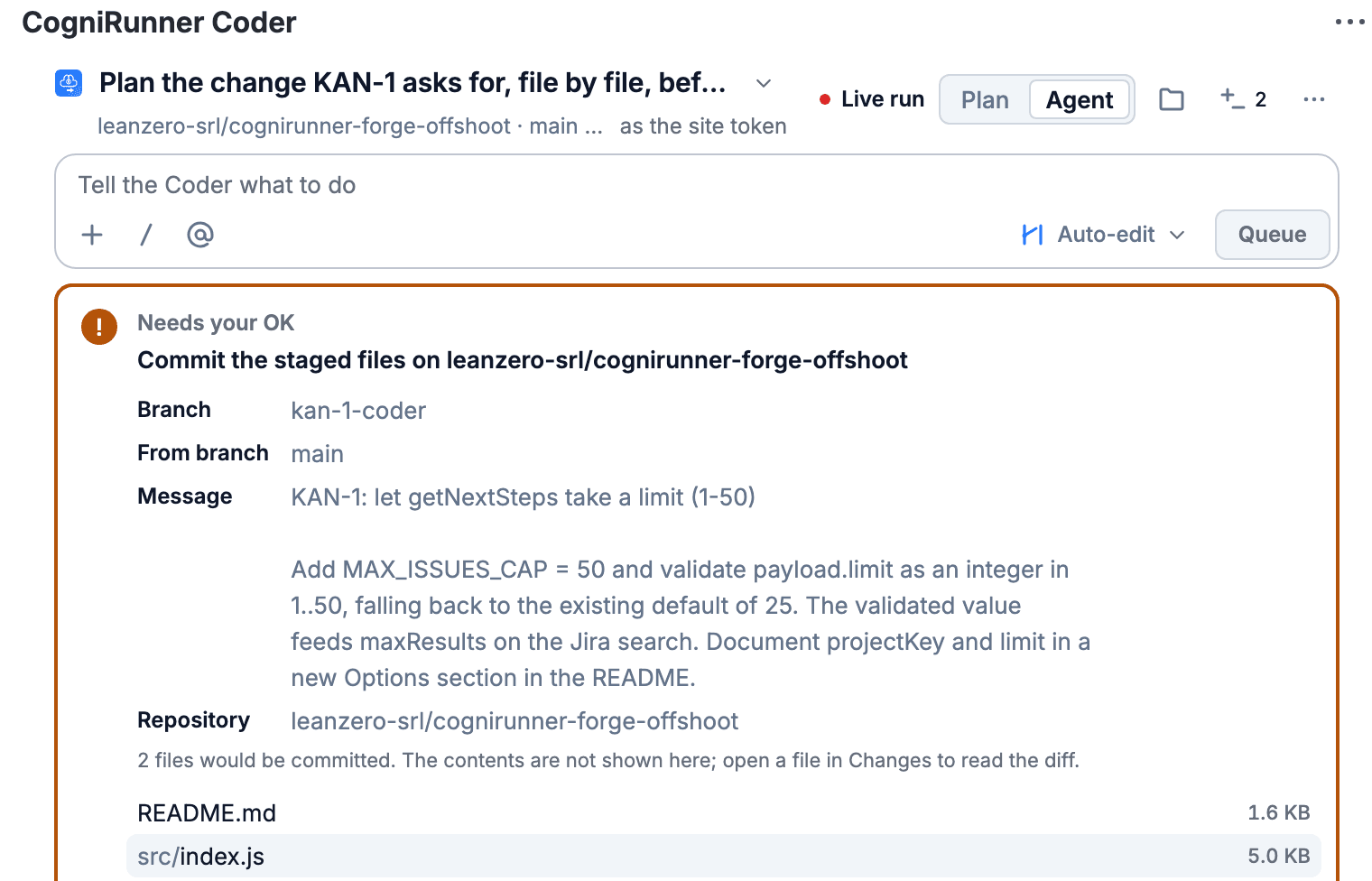 A Needs your OK card in the CogniRunner Coder asking to commit two staged files to branch kan-1-coder from main, with the full commit message and both file names