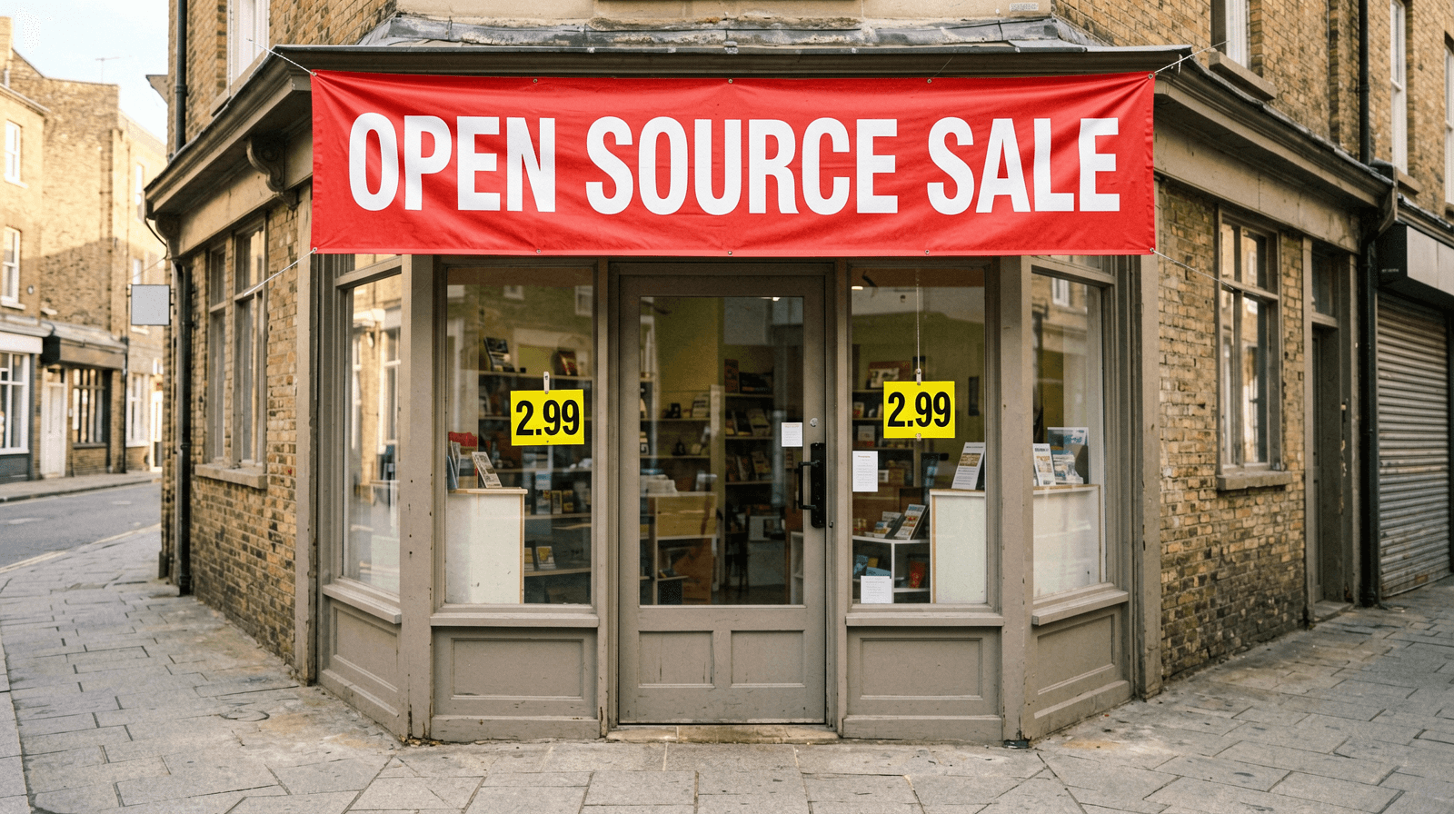 ERNIE-Image Turbo street photo of a brick corner shop with a red banner reading OPEN SOURCE SALE and yellow 2.99 price tags in the windows