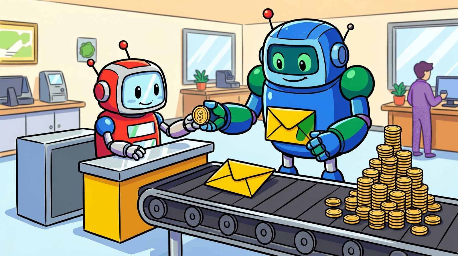 Cartoon of a small red robot at a ticket counter handing a gold coin to a bigger blue robot for each envelope on a conveyor belt, with a growing pile of identical coins at the end of the belt