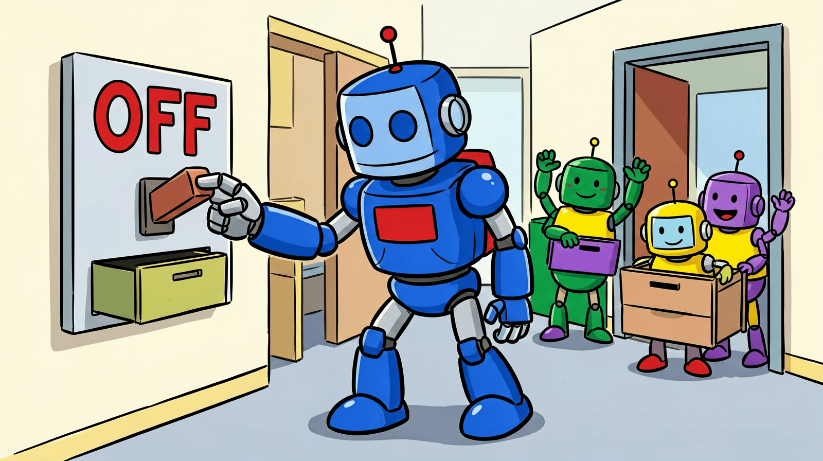 Illustration, generated locally with ERNIE-Image. A robot admin pulls a lever marked OFF while three small robots wave from the doorway behind it.