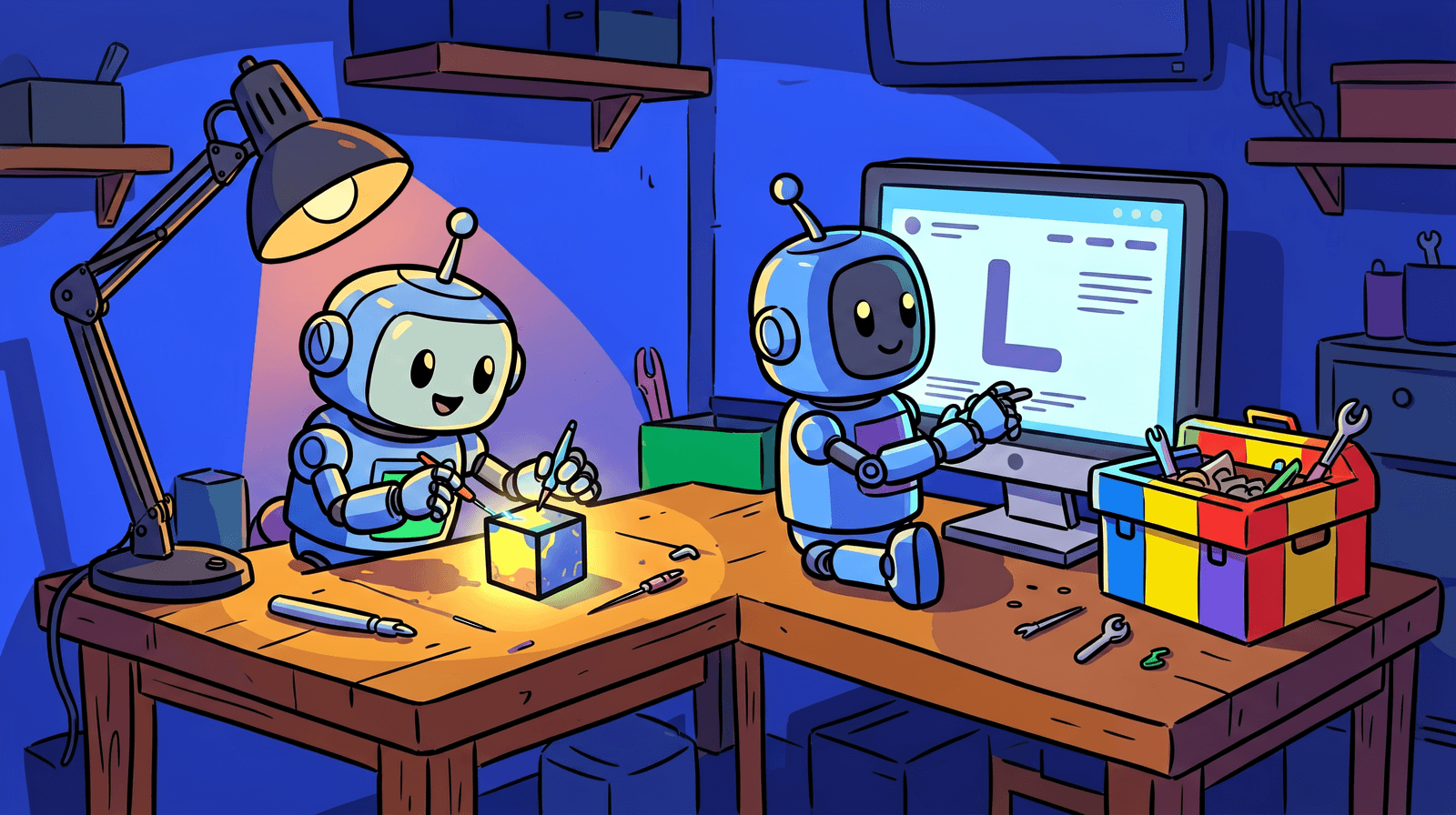 Two small cartoon robots in a cramped workshop at night, one soldering a glowing cube under a desk lamp, the other building a web page with a big letter L, a striped toolbox on the bench