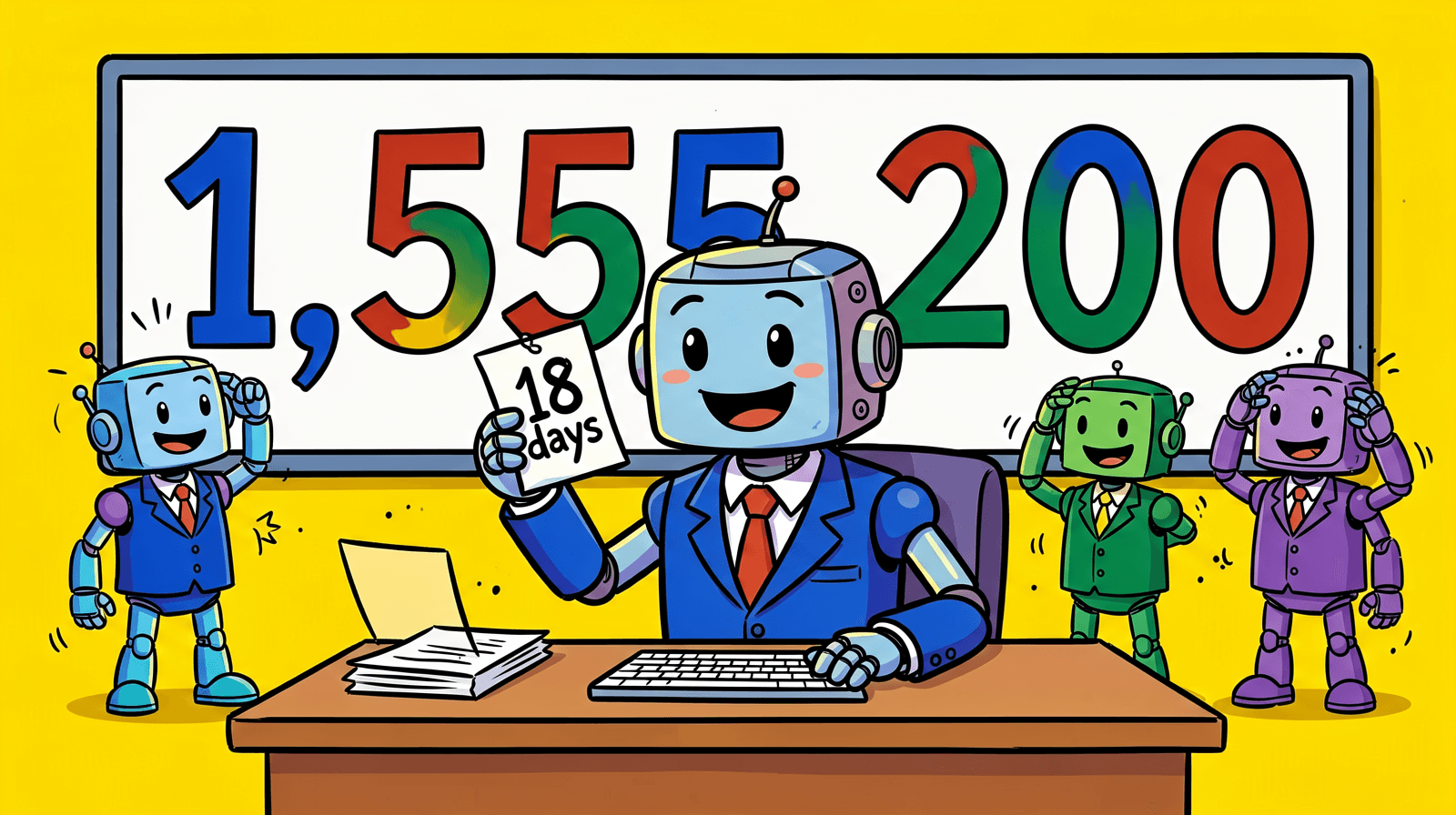 Cartoon of a cheerful robot at a desk holding up a small paper slip that says 18 days, while a huge wall display behind it shows 1,555,200 and three small robots scratch their heads.
