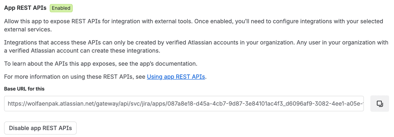 Atlassian Administration, Connected apps, LeanZero Management details: the App REST APIs section shows an Enabled badge, a note that integrations can only be created by verified accounts in the organization, the base URL ending in svc/jira/apps/087a8e18…, and a Disable app REST APIs button
