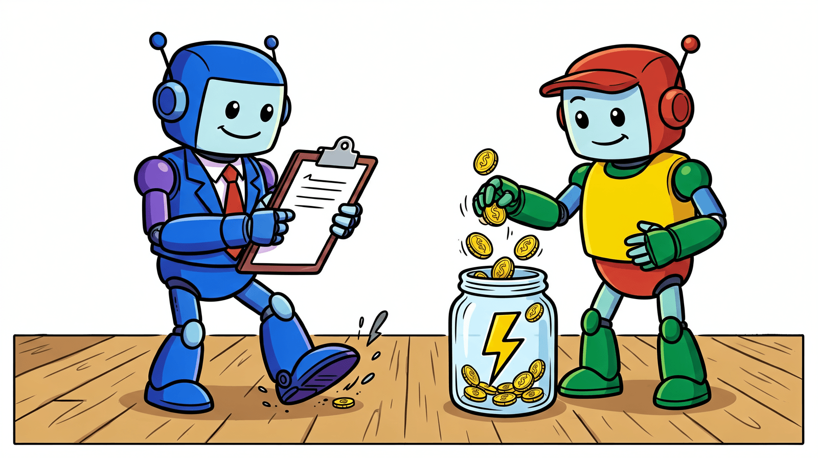Cartoon of a blue robot in a suit with a clipboard carefully counting its own footsteps on a wooden floor, while beside it a second robot drops gold coins into a glass jar marked with a lightning bolt