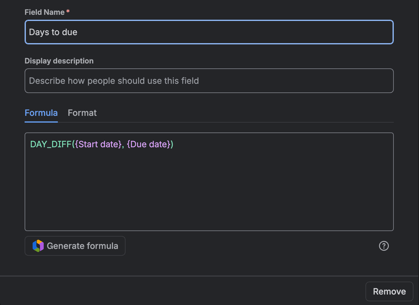 The team-managed formula configuration: Field Name Days to due, an empty Display description, Formula and Format tabs, and the formula DAY_DIFF({Start date}, {Due date}) with a Generate formula button and a Remove button.