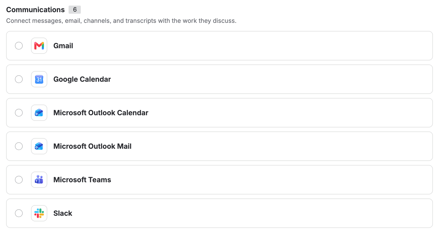 The Communications group of Rovo's Add connector catalogue: Gmail, Google Calendar, Microsoft Outlook Calendar, Microsoft Outlook Mail, Microsoft Teams and Slack.