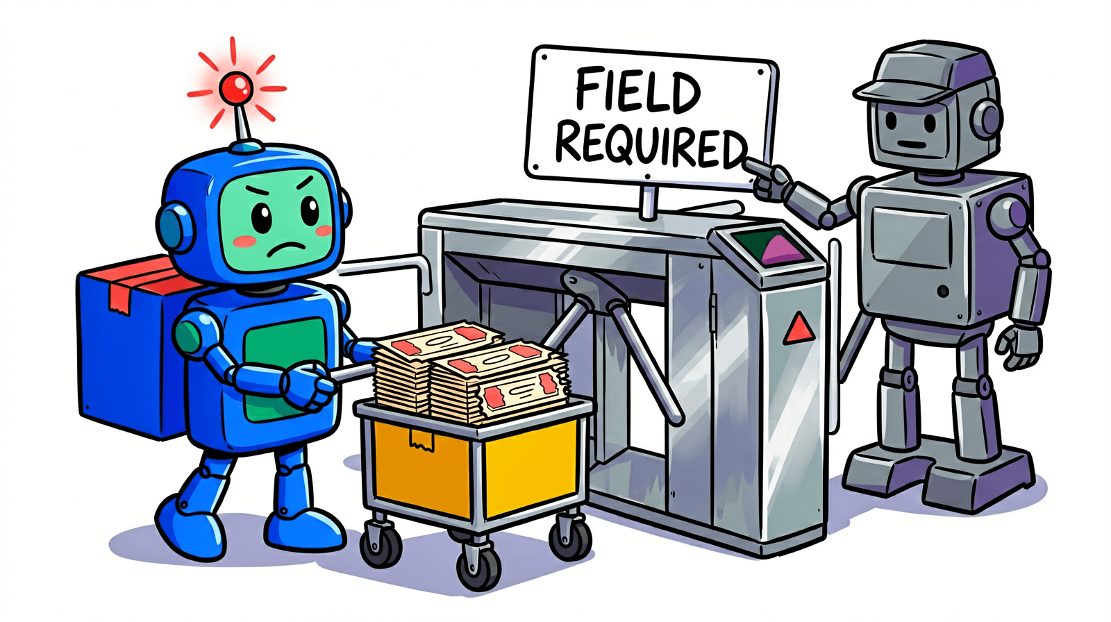 A cartoon of a blue delivery robot pushing a cart of tickets at a locked turnstile while a grey guard robot points at a sign reading FIELD REQUIRED