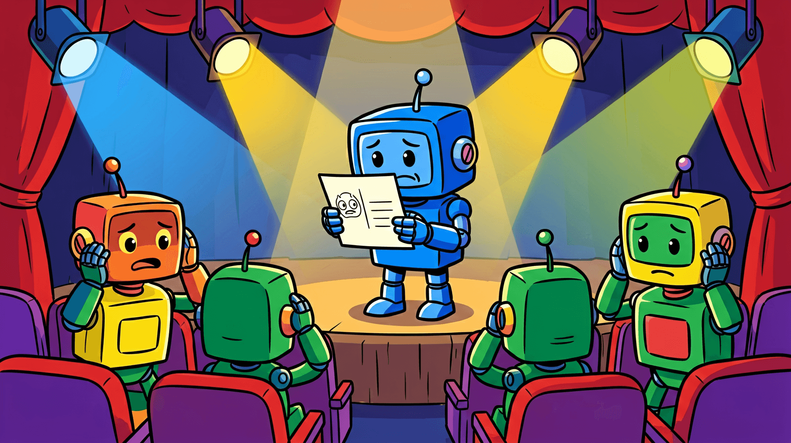 Illustration of a worried blue robot on a small stage reading from a postcard under coloured spotlights, while four robots in the front row hold their heads in their hands
