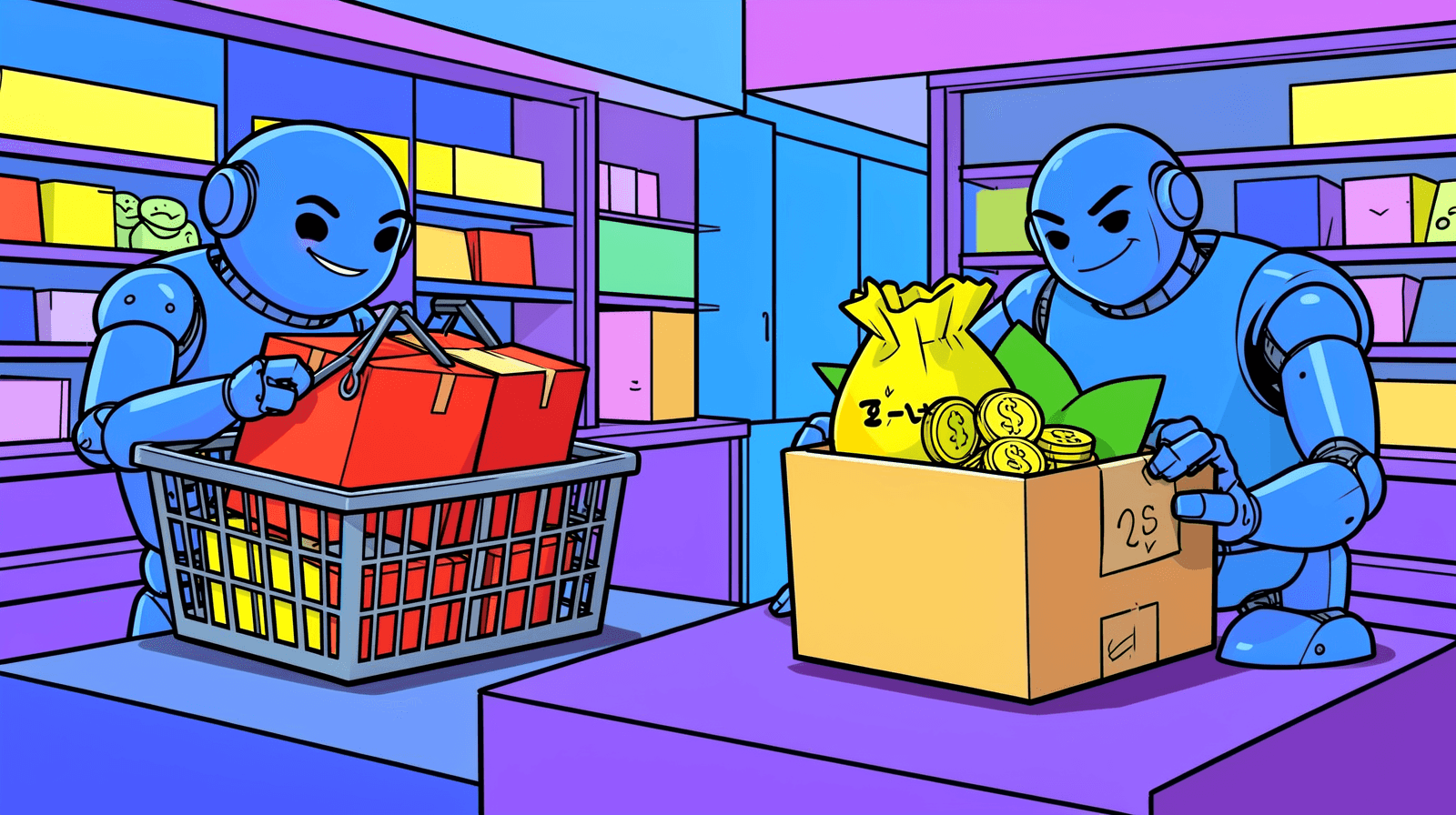 Illustration, generated locally with FLUX. Two robots in a shop: one carries a basket with two separate red boxes, the other holds one open cardboard box with a bag of coins and loose coins inside