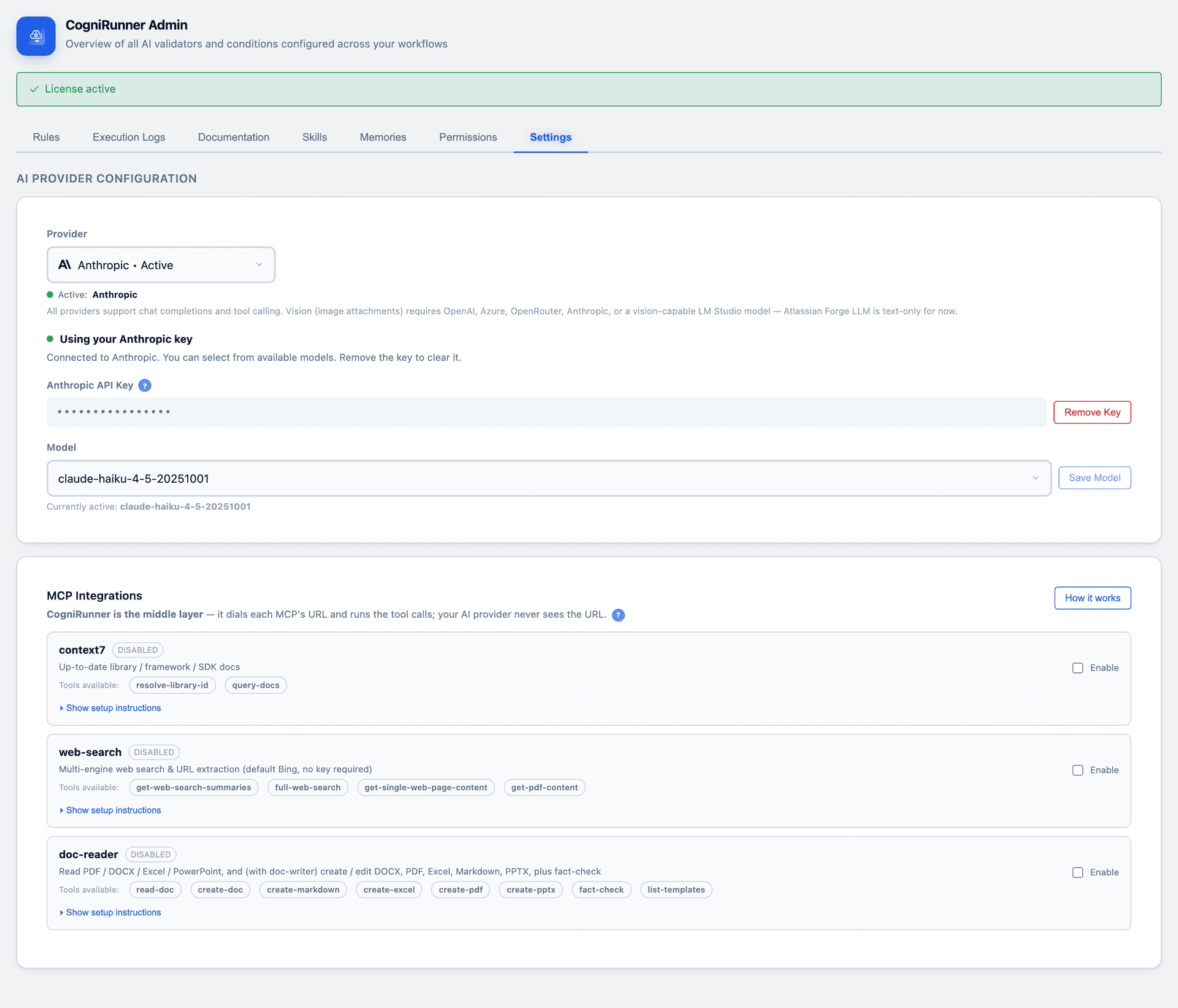 The Settings tab: choose a provider, paste a key (stored encrypted in Forge), pick a model — and wire up optional MCP integrations like context7, web-search and document tooling.