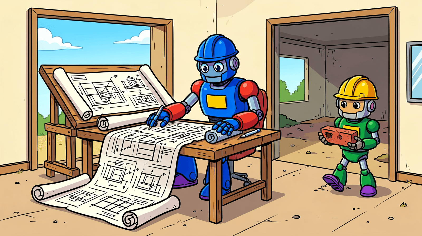 Cartoon of a blue robot at a drafting table under an enormous scroll of building plans spilling across the floor, while a small green robot in a hard hat walks in holding a single brick