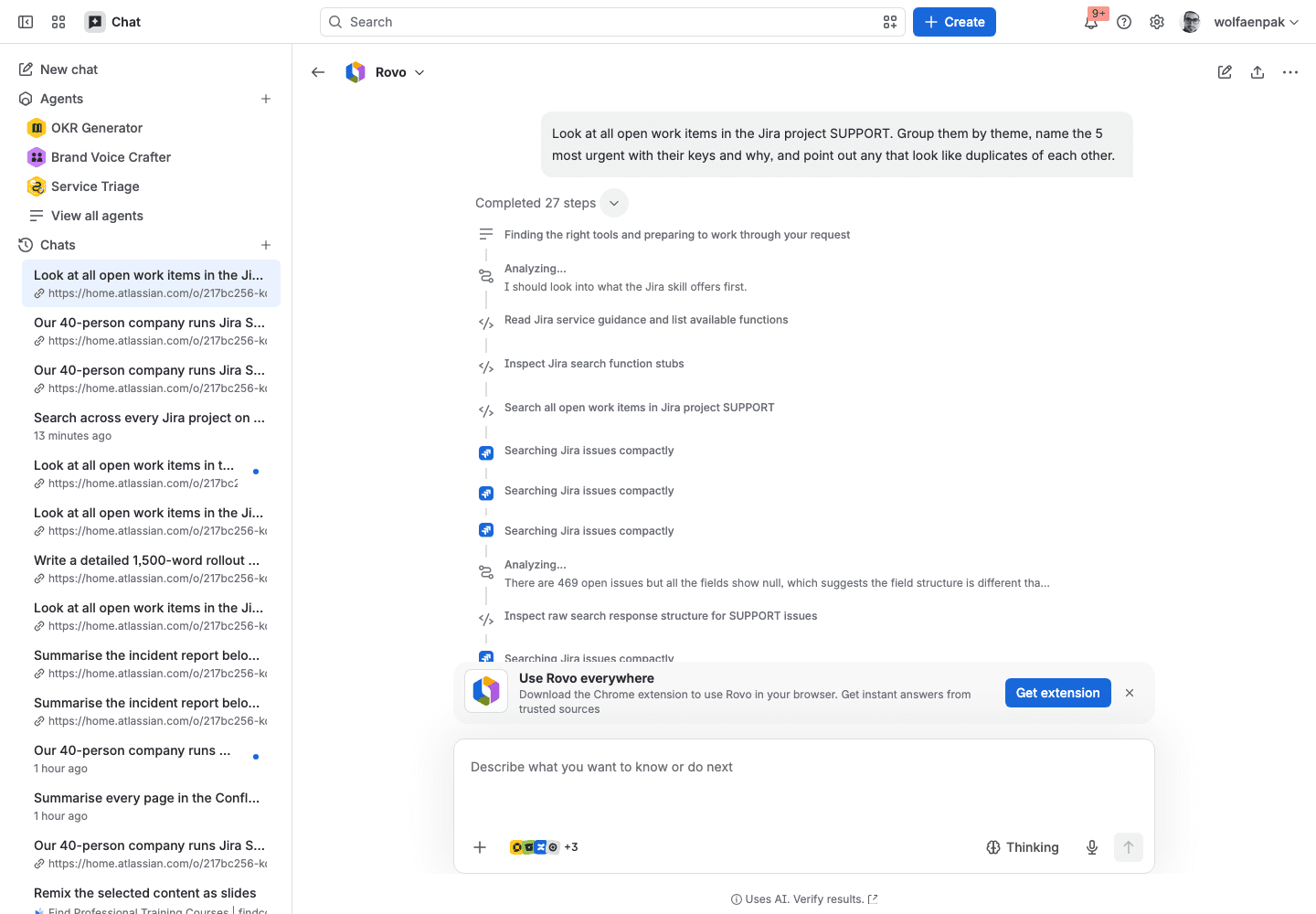 Rovo Chat in Think deeper mode on the question Look at all open work items in the Jira project SUPPORT, with the step panel open: Completed 27 steps, then Finding the right tools, Analyzing, Read Jira service guidance, Search all open work items in Jira project SUPPORT, three Searching Jira issues compactly steps, and an Analyzing note that there are 469 open issues