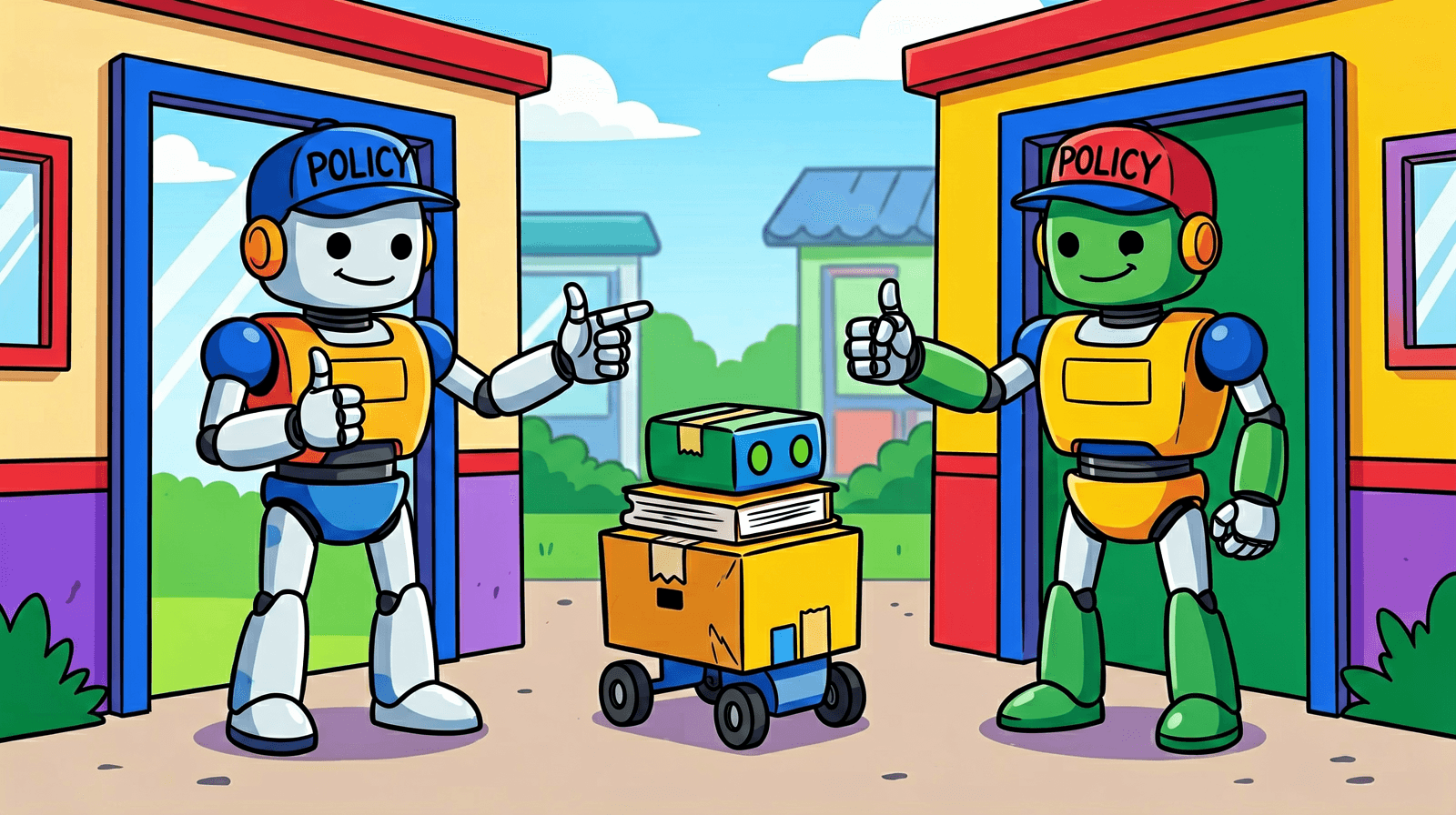 Cartoon of two robot security guards in caps reading POLICY, standing in two separate doorways and each pointing to the other door with a thumbs up, while a small wheeled delivery robot carrying folders rolls along between them.