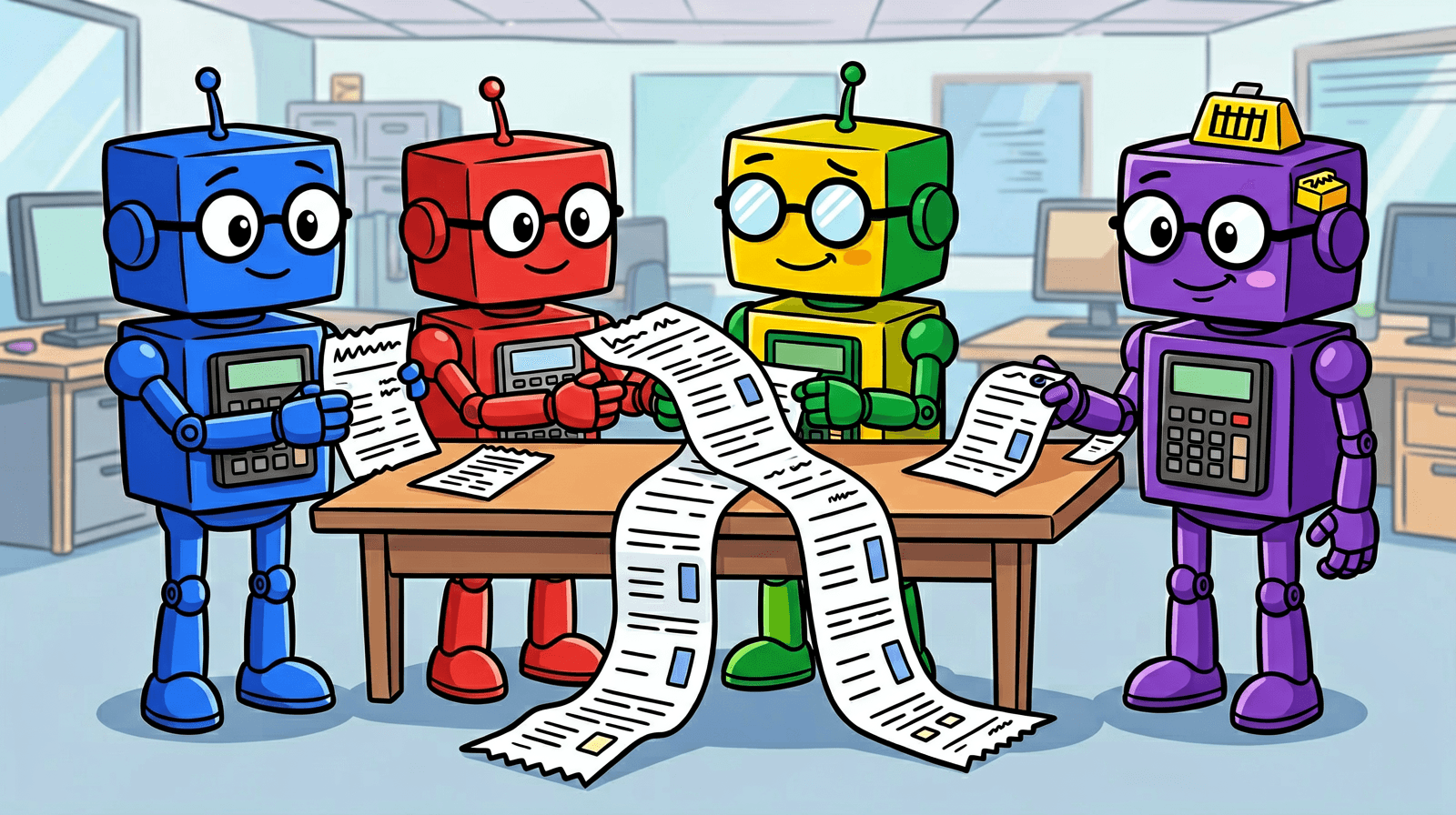 Cartoon of four robots at a table comparing receipts with calculators; three hold short receipts and the one in the middle unrolls a receipt so long it spills onto the floor.