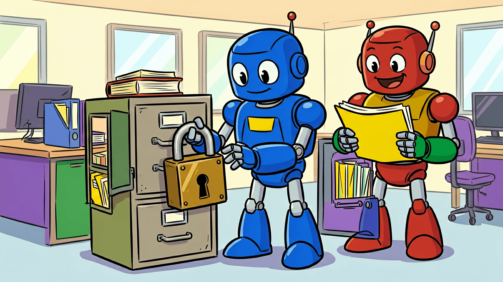 Illustration, generated locally with ERNIE-Image. A robot padlocks a filing cabinet while a second robot reads a file it took out through a window in the cabinet's side.