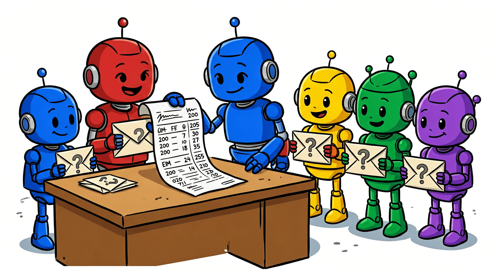 Cartoon of a cheerful robot admin at a desk holding up a long paper receipt full of numbers, while a line of small robots each hold a sealed envelope with a question mark, peering at the receipt they can't read